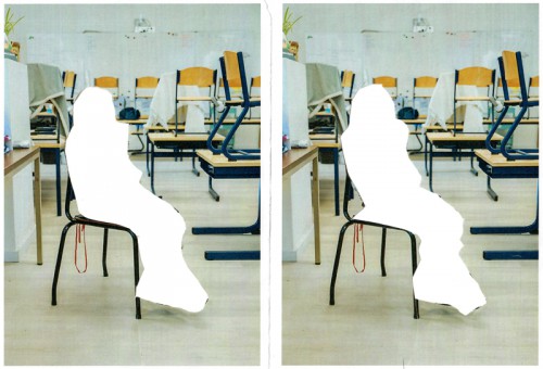 foto's genomen in het klaslokaal waar de silhouetten van de kinderen uitgeknipt zijn