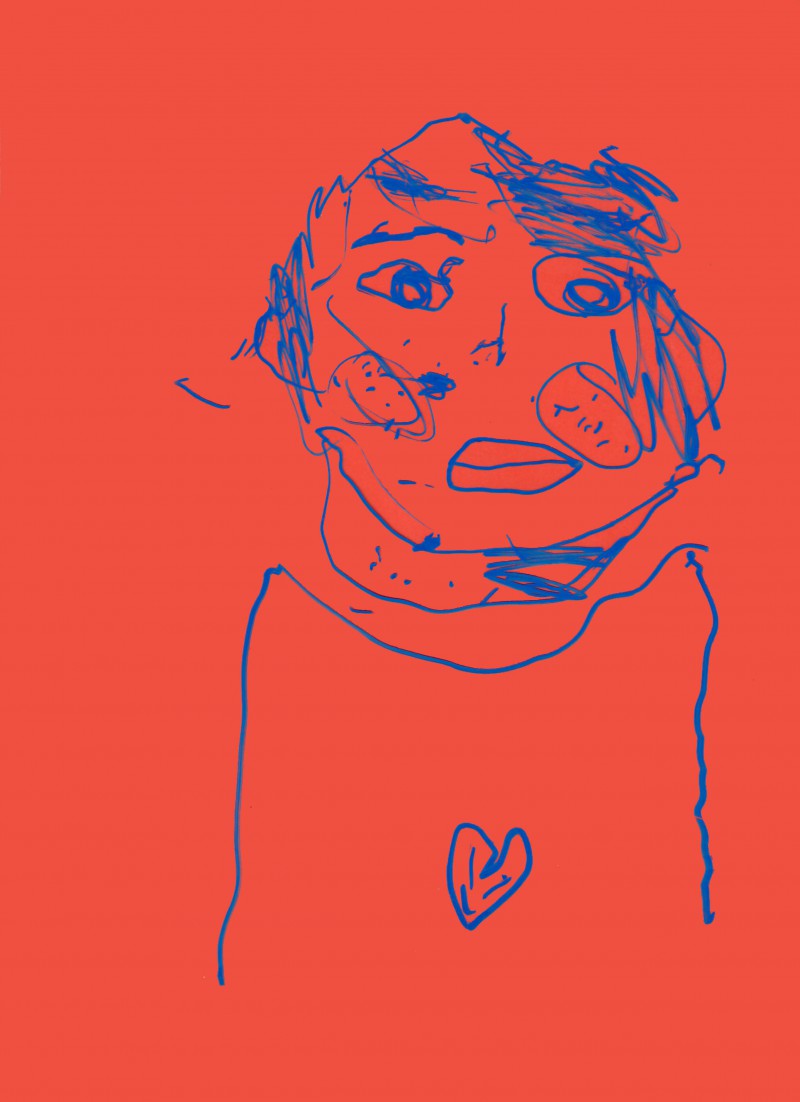 een kinderportret op rood papier, een snelle schets