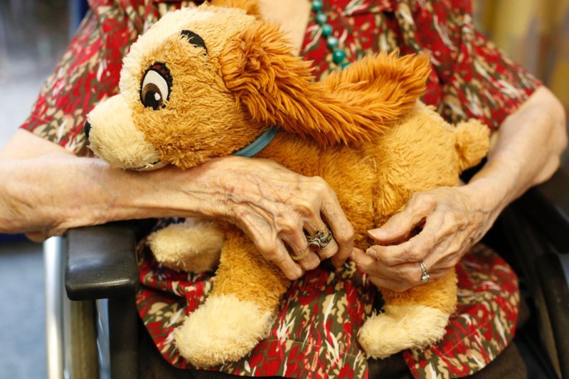 een foto van een oudere vrouw die een knuffel vasthoudt
